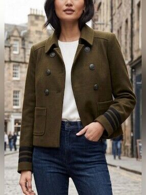 LOFT Olive Green Military Jacket Double Breasted Striped Cuffs Sz. 10